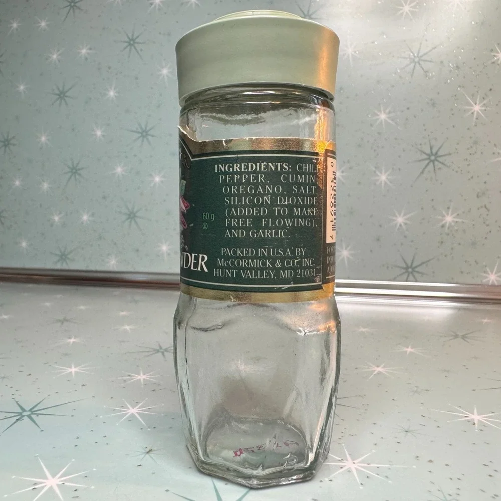 Vintage McCormick Chili Powder Jar Green Label & Lid Glass Spice Bottle Kitchen